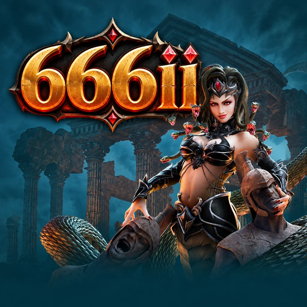 Logo emas 666ii dengan karakter Medusa berambut ular di antara patung prajurit batu dan reruntuhan kuil kuno